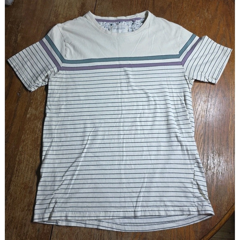 DENIM & FLOWER Ricky Singh Size M Cream Striped Tee Shirt Top Crew
